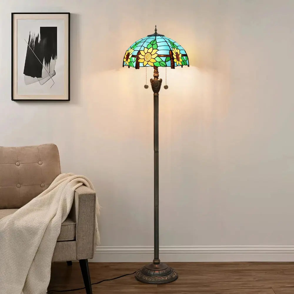 Dia40cm Stained Glass Floor Lamp Blue Sunflower Lampshade Tiffany Standard Lamp - CTL