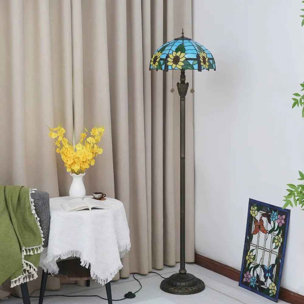 Dia40cm Stained Glass Floor Lamp Blue Sunflower Lampshade Tiffany Standard Lamp - CTL