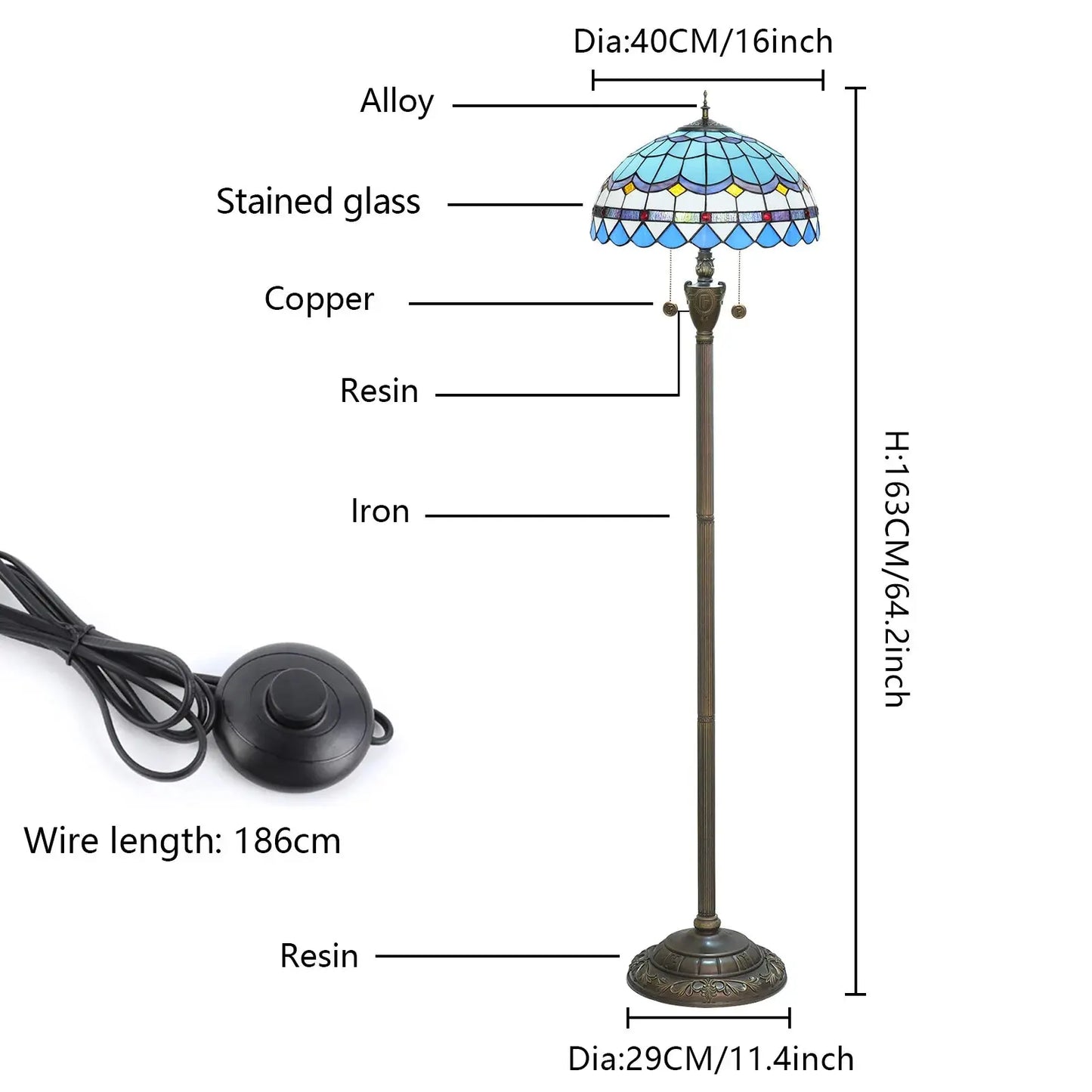 Dia40cm Stained Glass Mediterranean Sea Lampshade Blue Tiffany Floor Lamp - CTL
