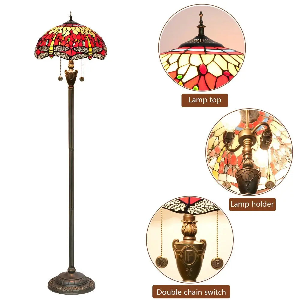 Dia40cm Stained Glass Red Dragonfly Art Lampshade Luxury Tiffany Standing Lamp - CTL