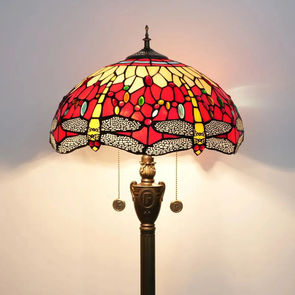 Dia40cm Stained Glass Red Dragonfly Art Lampshade Luxury Tiffany Standing Lamp - CTL