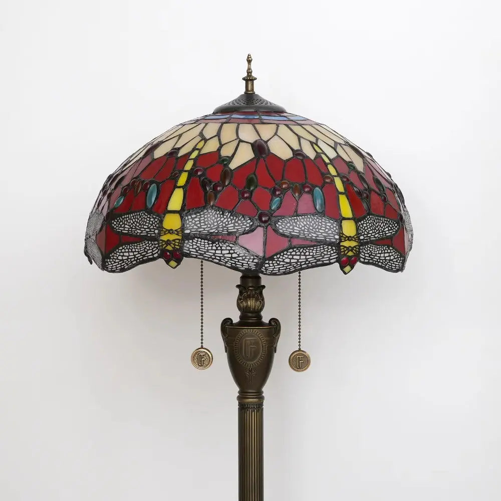 Dia40cm Stained Glass Red Dragonfly Art Lampshade Luxury Tiffany Standing Lamp - CTL