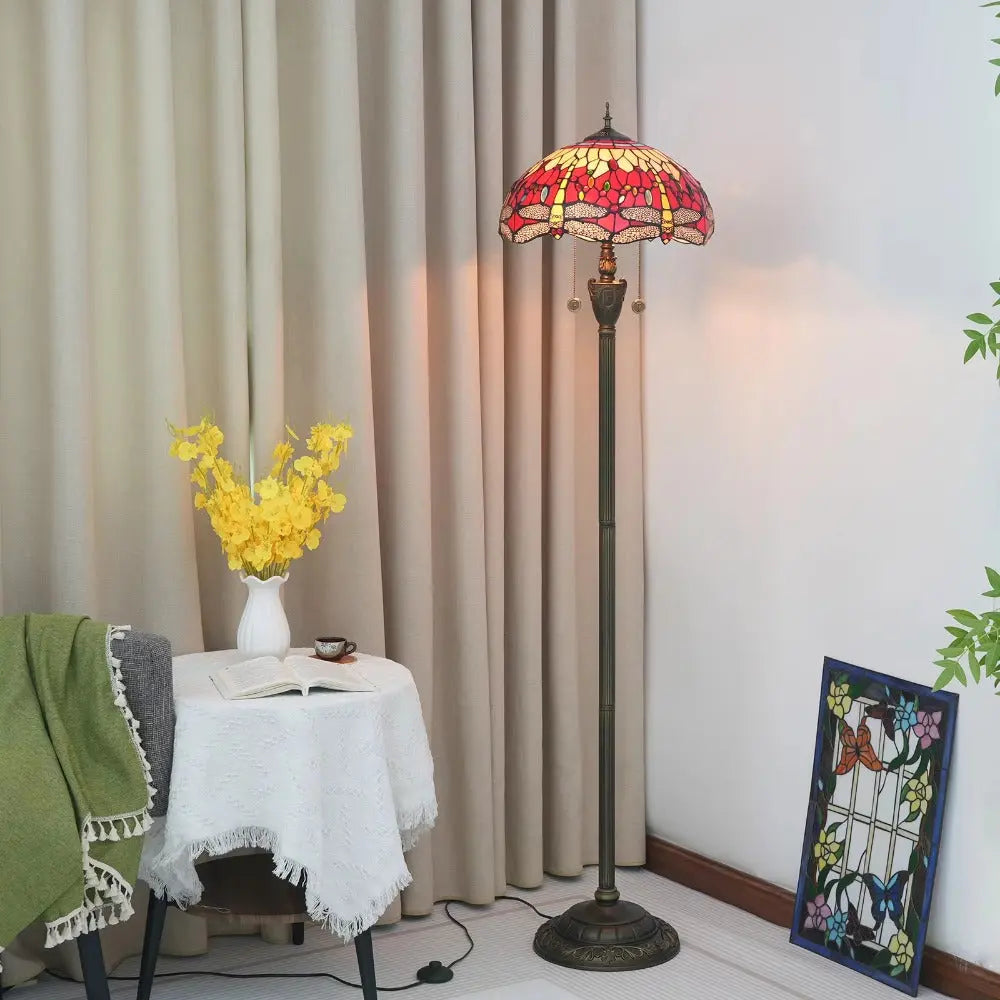 Dia40cm Stained Glass Red Dragonfly Art Lampshade Luxury Tiffany Standing Lamp - CTL