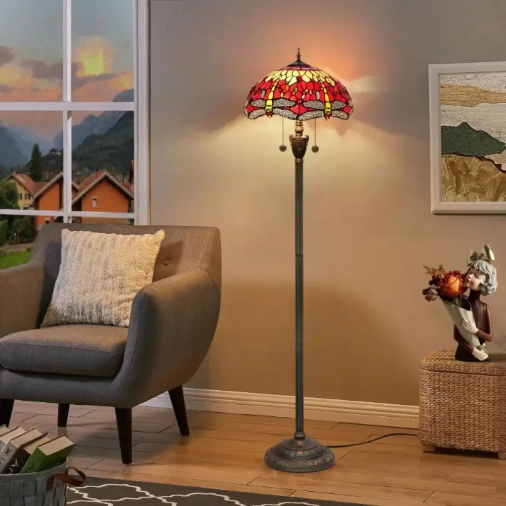 Dia40cm Stained Glass Red Dragonfly Art Lampshade Luxury Tiffany Standing Lamp - CTL