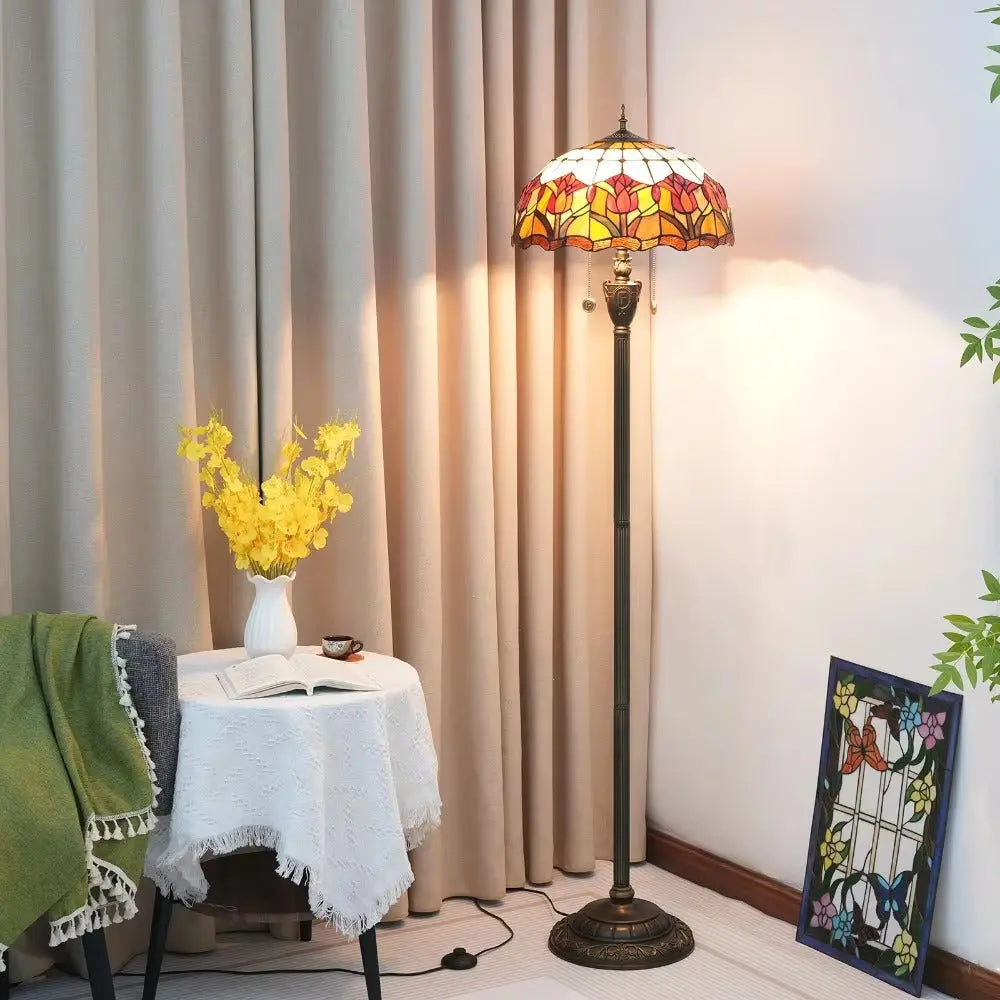 Dia40cm Red Tulip Art Lampshade Tiffany Stained Glass Floor Lamp - CTL
