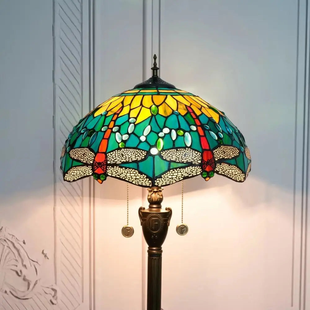 Dia40cm Tiffany Green Dragonfly Lampshade Antique Stained Glass Floor Lamps - CTL
