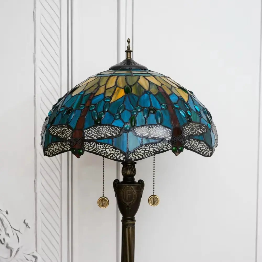 Dia40cm Tiffany Green Dragonfly Lampshade Antique Stained Glass Floor Lamps - CTL