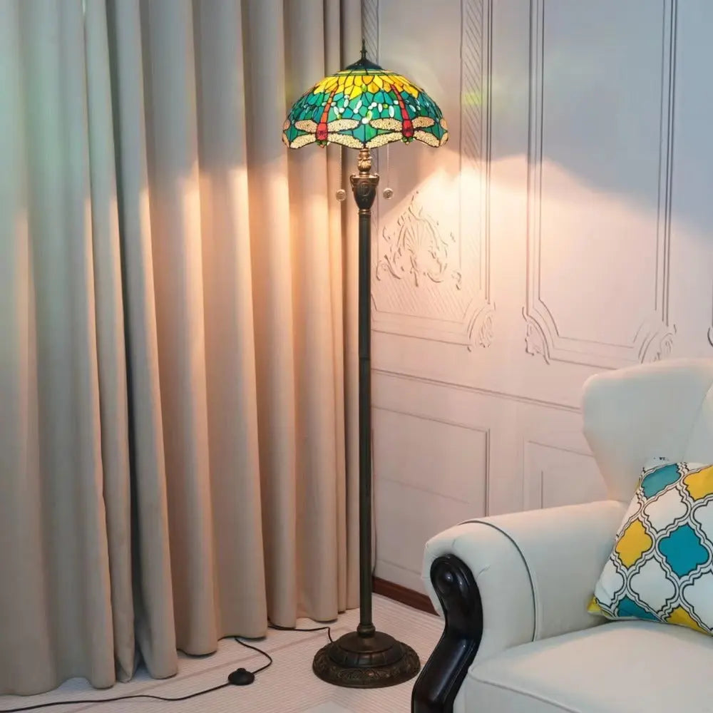 Dia40cm Tiffany Green Dragonfly Lampshade Antique Stained Glass Floor Lamps - CTL