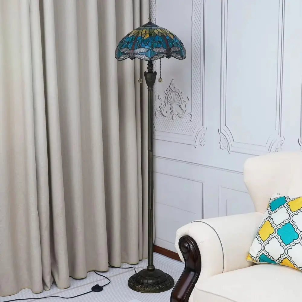 Dia40cm Tiffany Green Dragonfly Lampshade Antique Stained Glass Floor Lamps - CTL