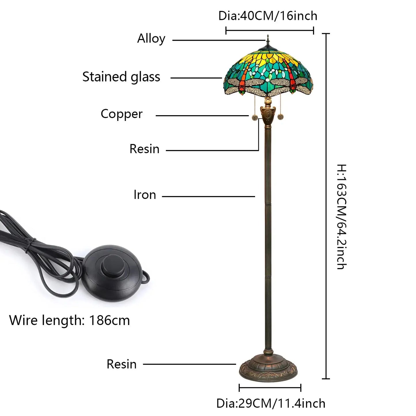 Dia40cm Tiffany Green Dragonfly Lampshade Antique Stained Glass Floor Lamps - CTL