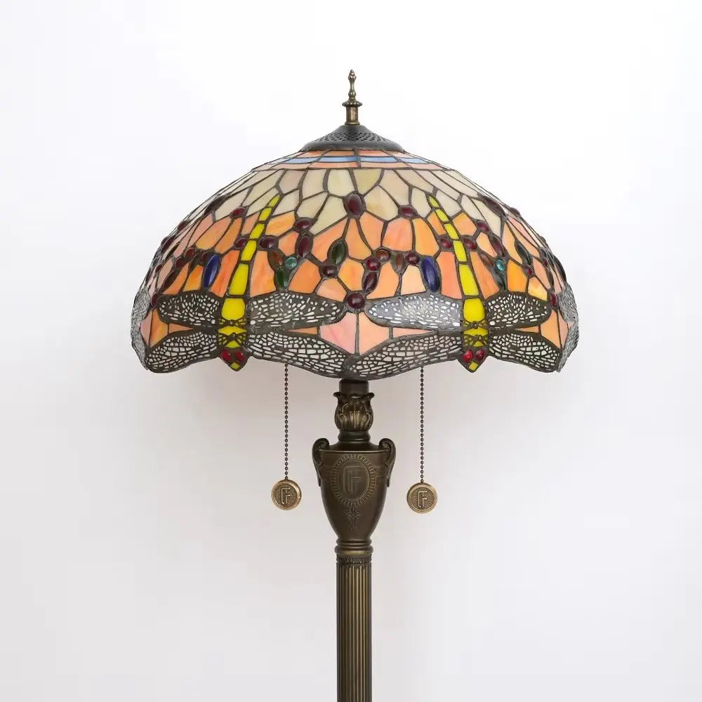 Dia40cm Tiffany Stained Glass Orange Lampshade Vintage Dragonfly Floor Lamp - CTL