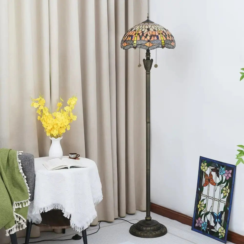 Dia40cm Tiffany Stained Glass Orange Lampshade Vintage Dragonfly Floor Lamp - CTL
