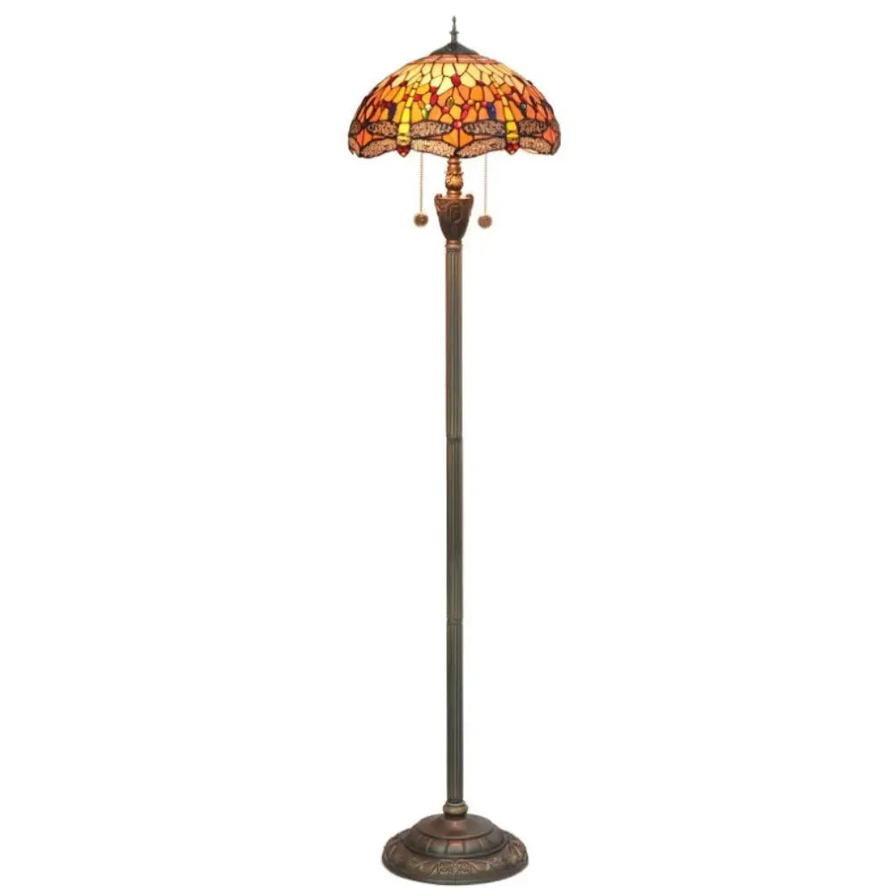 Dia40cm Tiffany Stained Glass Orange Lampshade Vintage Dragonfly Floor Lamp - CTL