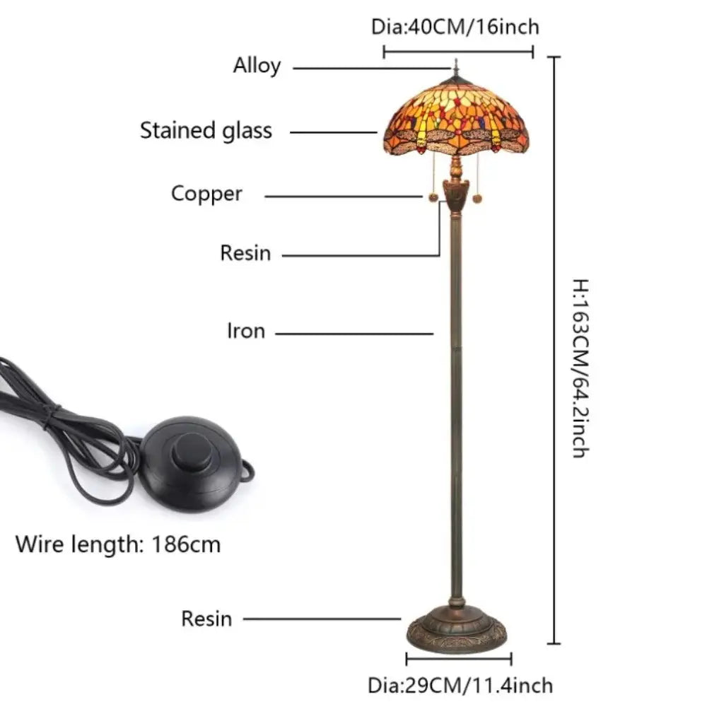 Dia40cm Tiffany Art Orange Dragonfly Lampshade Stained Glass Floor Lamp - CTL