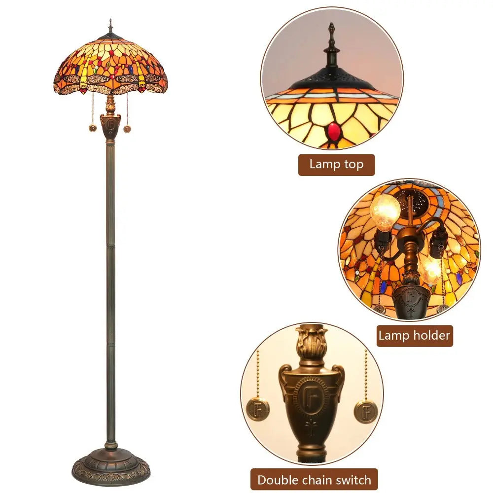 Dia40cm Tiffany Art Orange Dragonfly Lampshade Stained Glass Floor Lamp - CTL