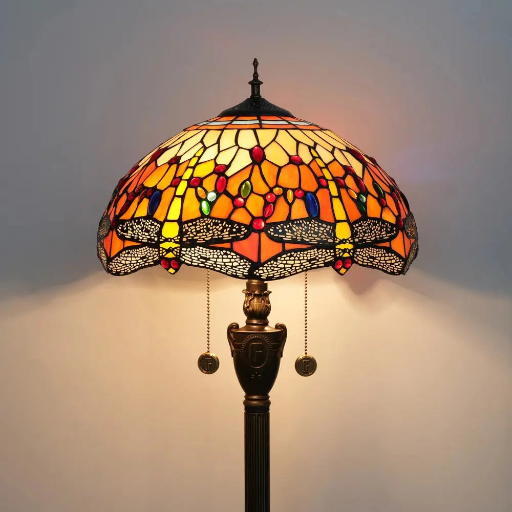 Dia40cm Tiffany Art Orange Dragonfly Lampshade Stained Glass Floor Lamp - CTL