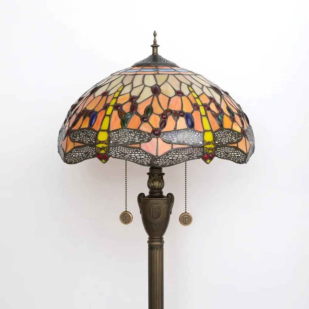 Dia40cm Tiffany Art Orange Dragonfly Lampshade Stained Glass Floor Lamp - CTL