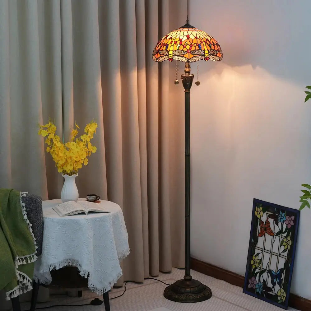 Dia40cm Tiffany Art Orange Dragonfly Lampshade Stained Glass Floor Lamp - CTL