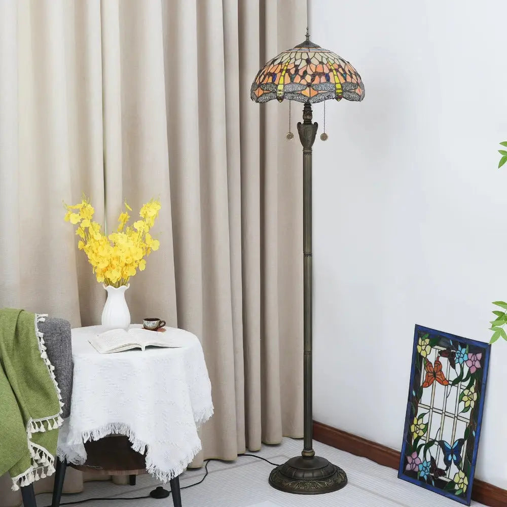 Dia40cm Tiffany Art Orange Dragonfly Lampshade Stained Glass Floor Lamp - CTL