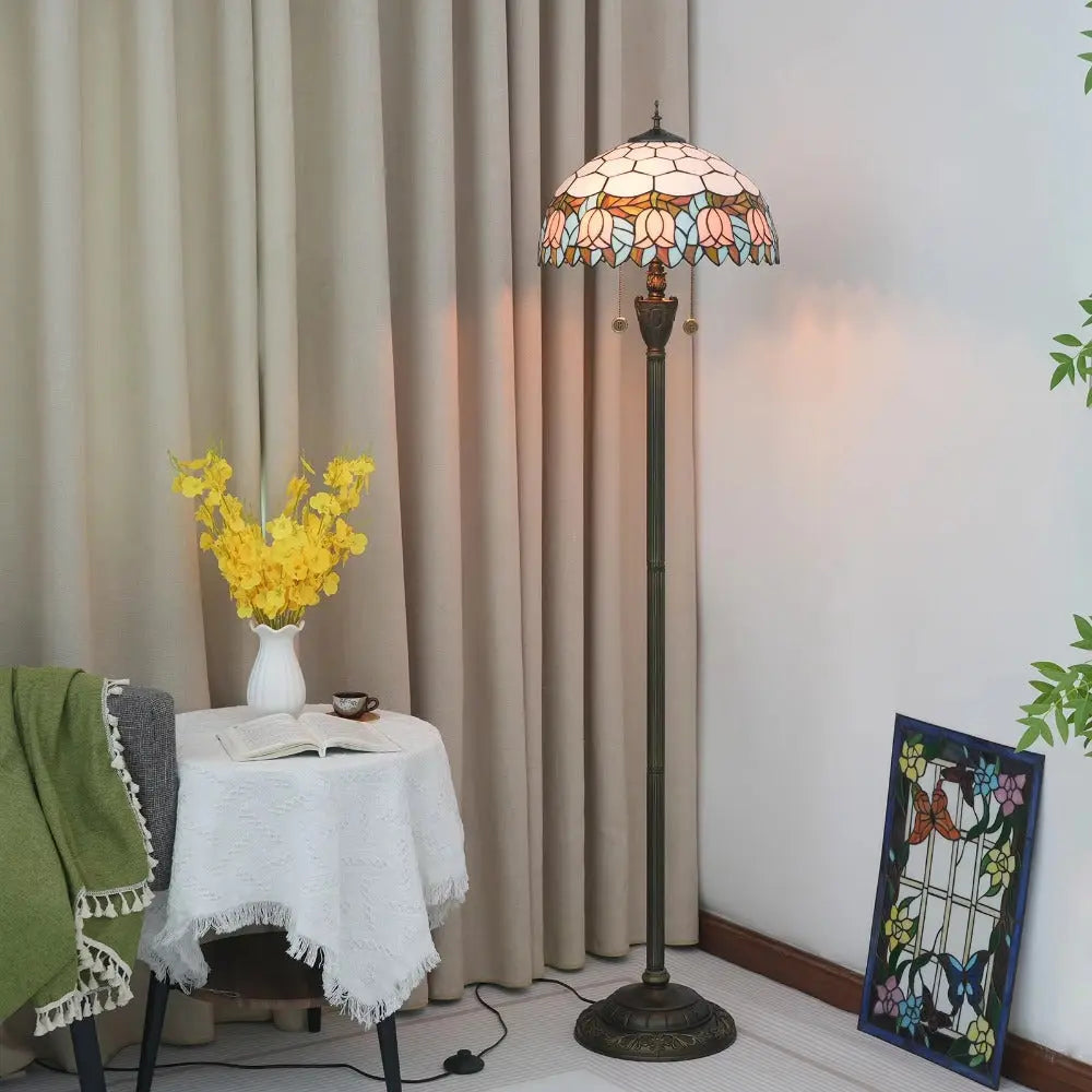 Dia40cm Pink Tulip Art Lampshade Tiffany Stained Glass Floor Lamp - CTL
