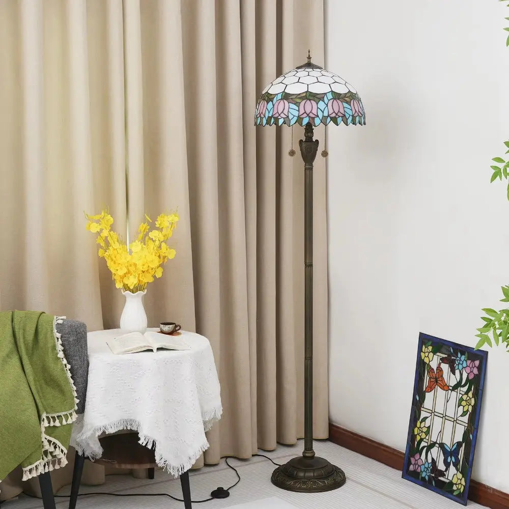 Dia40cm Pink Tulip Art Lampshade Tiffany Stained Glass Floor Lamp - CTL