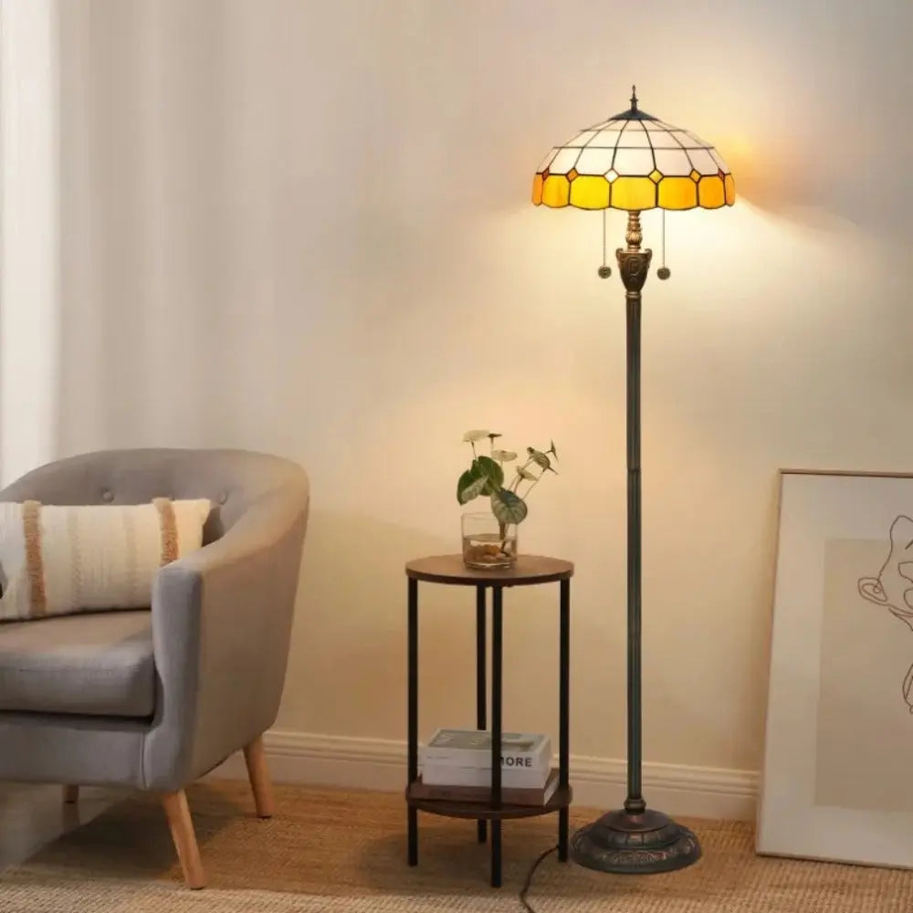 Dia40cm Yellow White Plaid Art Lampshade Tiffany Stained Glass Floor Lamp - CTL