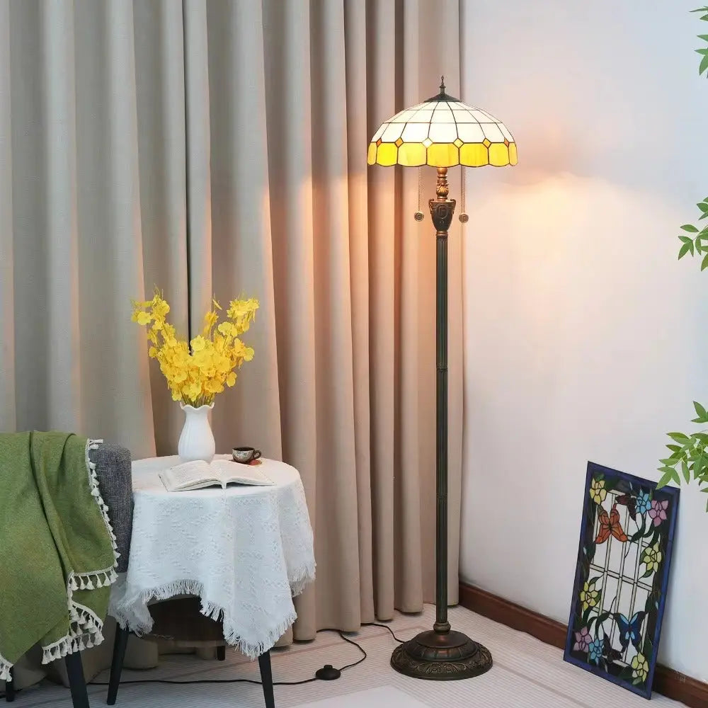Dia40cm Yellow White Plaid Art Lampshade Tiffany Stained Glass Floor Lamp - CTL