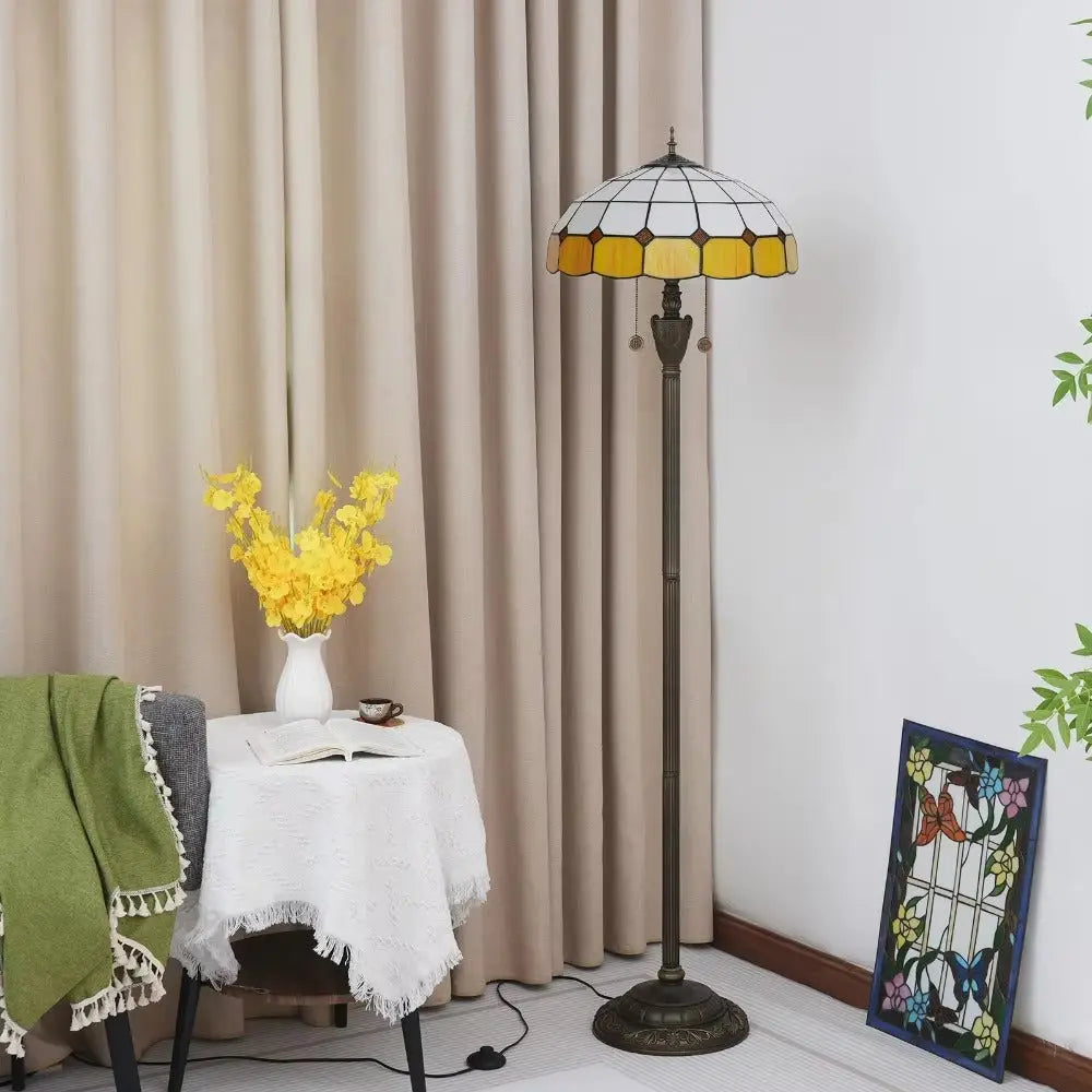 Dia40cm Yellow White Plaid Art Lampshade Tiffany Stained Glass Floor Lamp - CTL