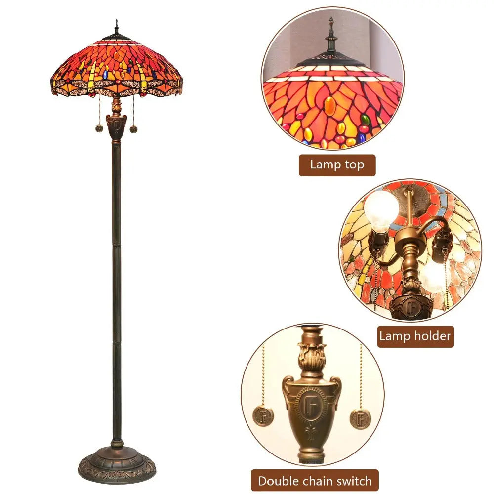Dia45cm Stained Glass Red Dragonfly Lampshade Vintage Tiffany Floor Lamps for Sale - CTL