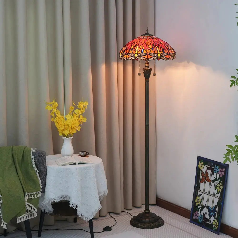 Dia45cm Stained Glass Red Dragonfly Lampshade Vintage Tiffany Floor Lamps for Sale - CTL