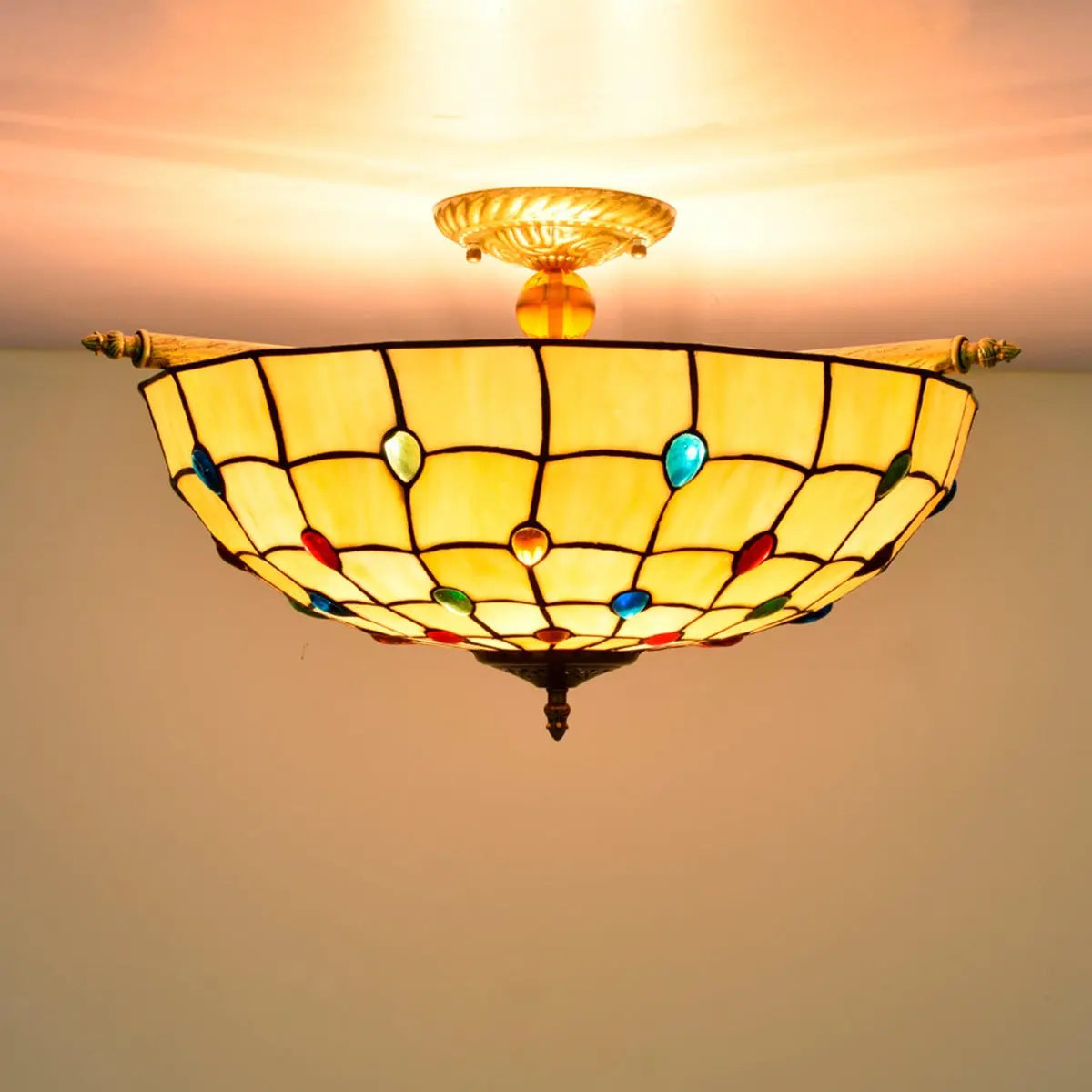 Dia55cm Stained Glass Beads Lampshade Large Yellow Tiffany Lamp Ceiling Light - CTL