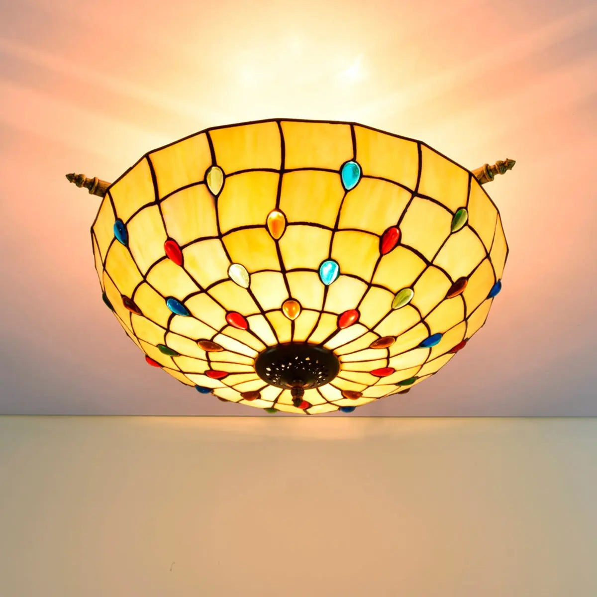 Dia55cm Stained Glass Beads Lampshade Large Yellow Tiffany Lamp Ceiling Light - CTL