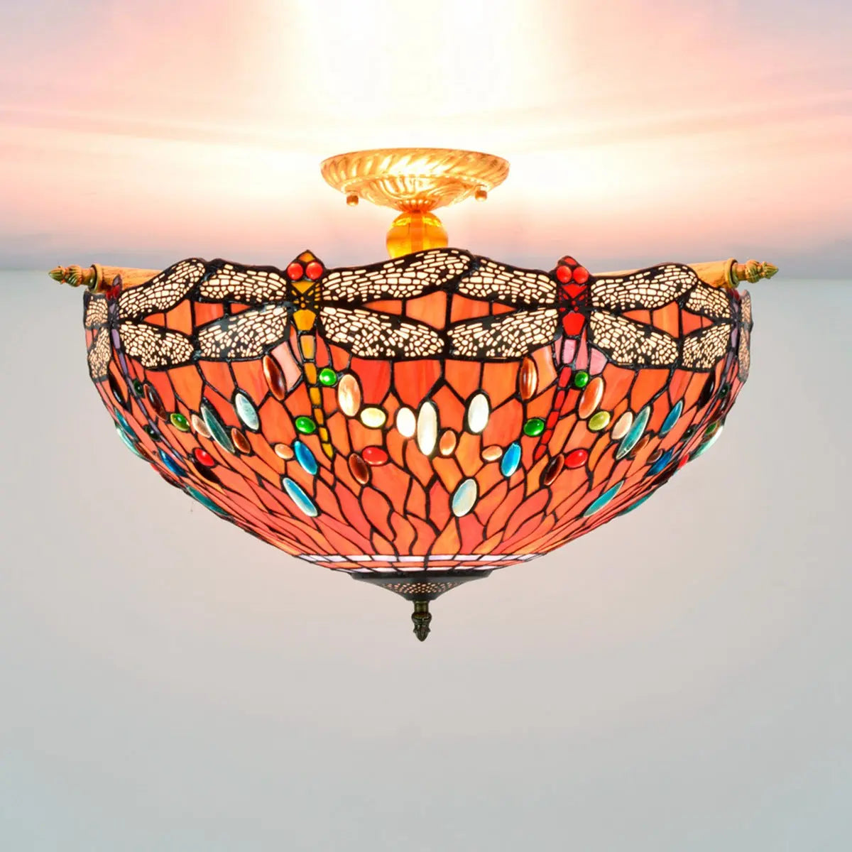 Dia55cm Stained Glass Colorful Dragonfly Floral Lampshade Large Tiffany Ceiling Lamp - CTL