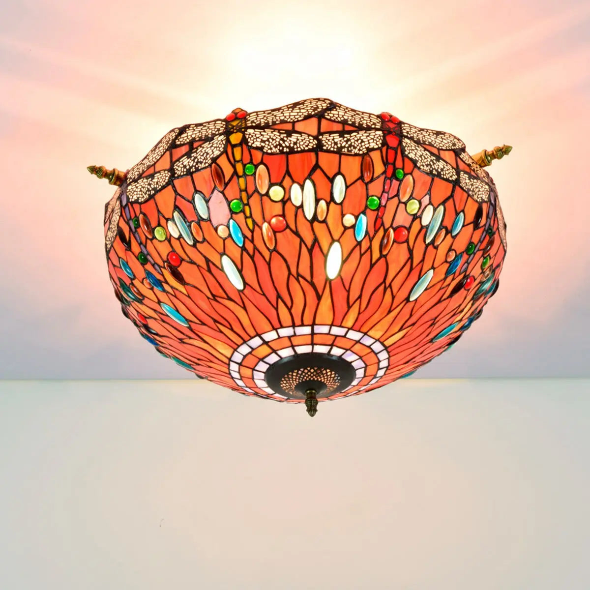 Dia55cm Stained Glass Colorful Dragonfly Floral Lampshade Large Tiffany Ceiling Lamp - CTL