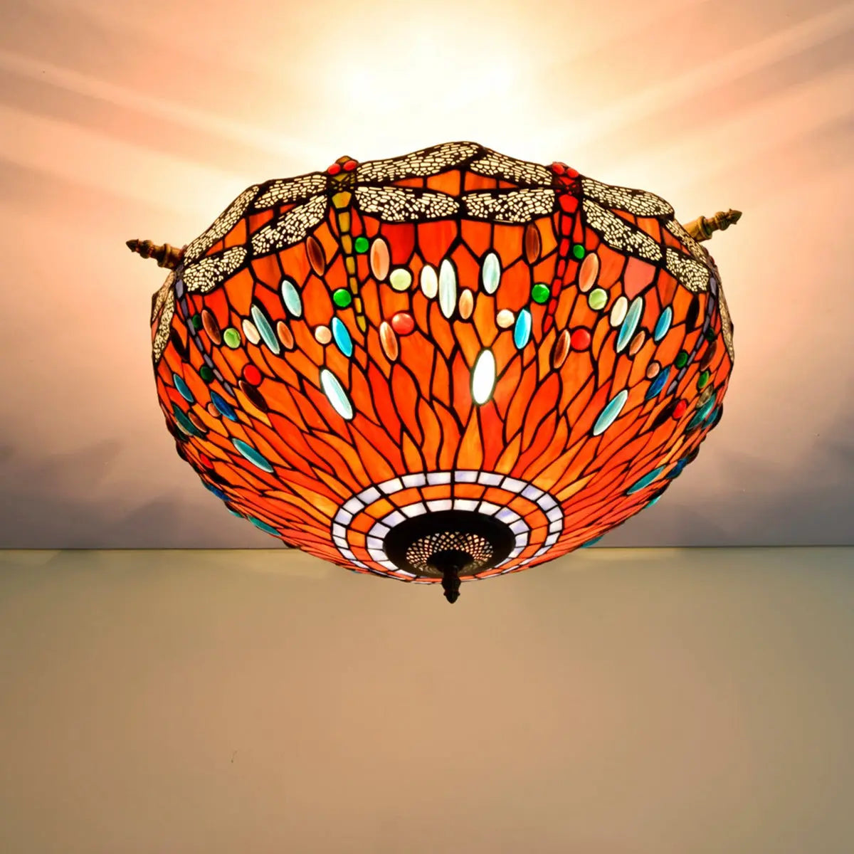 Dia55cm Stained Glass Colorful Dragonfly Floral Lampshade Large Tiffany Ceiling Lamp - CTL