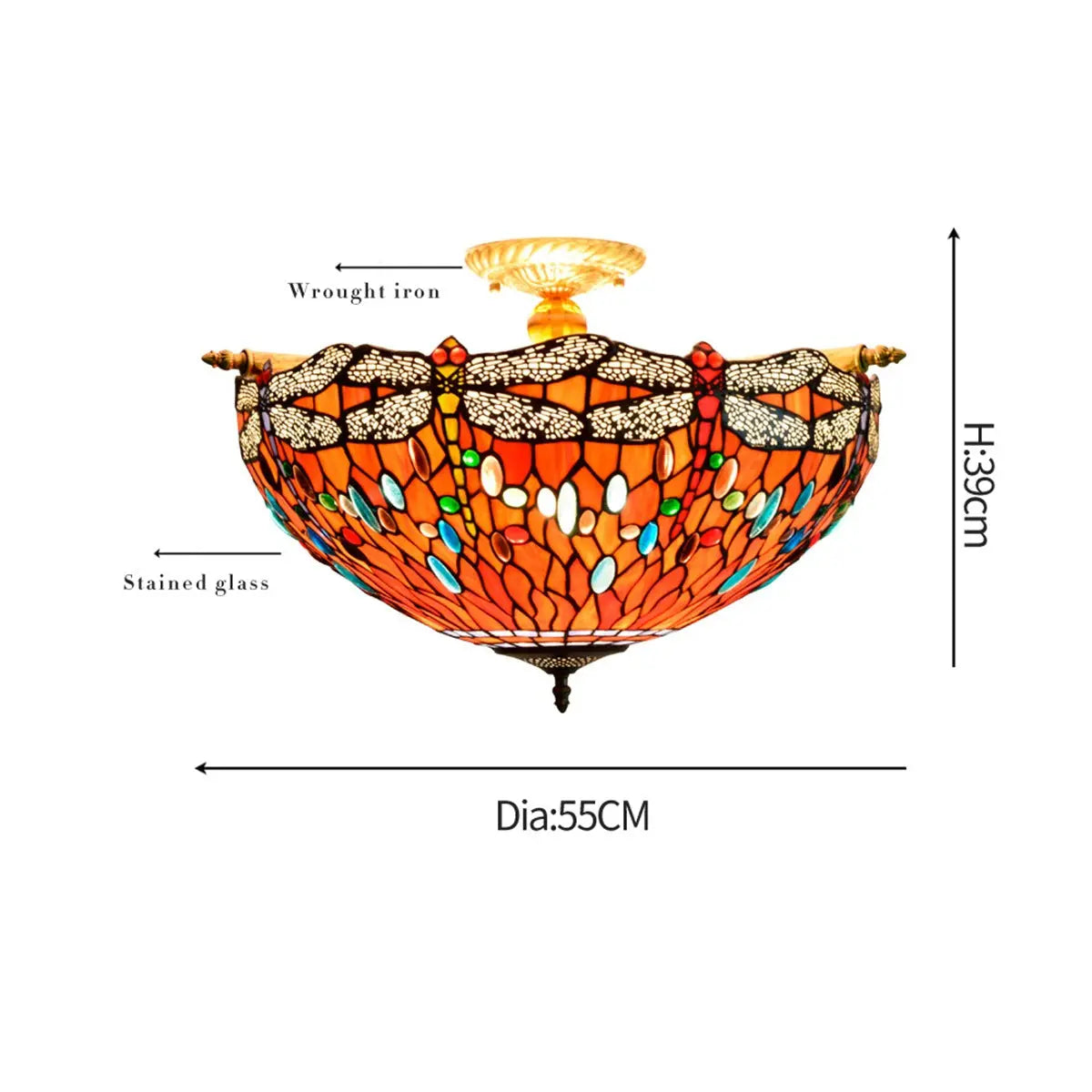 Dia55cm Stained Glass Colorful Dragonfly Floral Lampshade Large Tiffany Ceiling Lamp - CTL