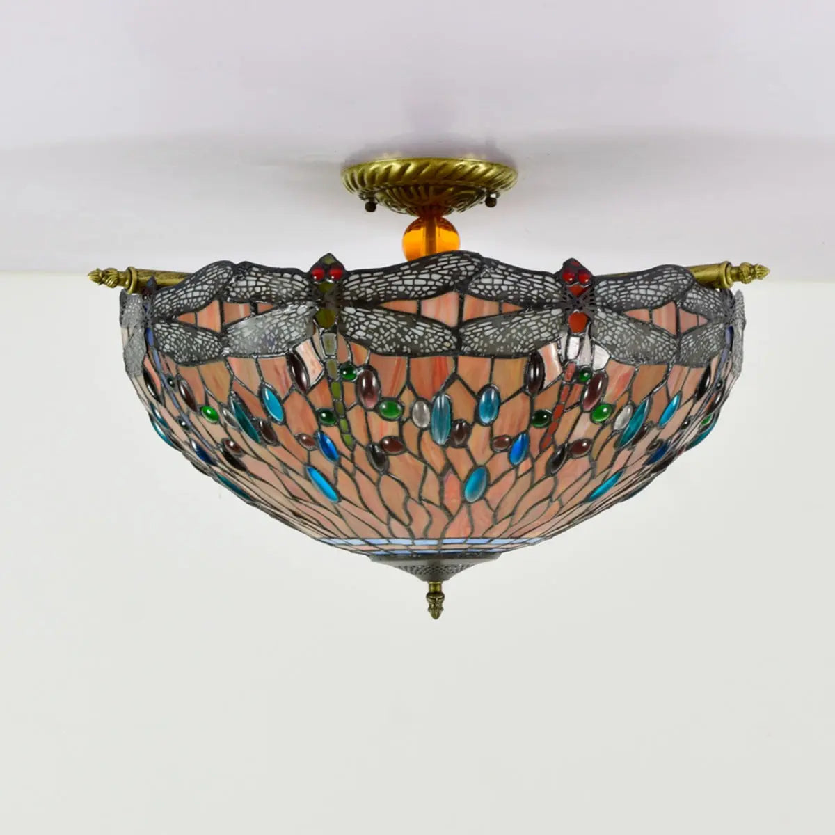 Dia55cm Stained Glass Colorful Dragonfly Floral Lampshade Large Tiffany Ceiling Lamp - CTL