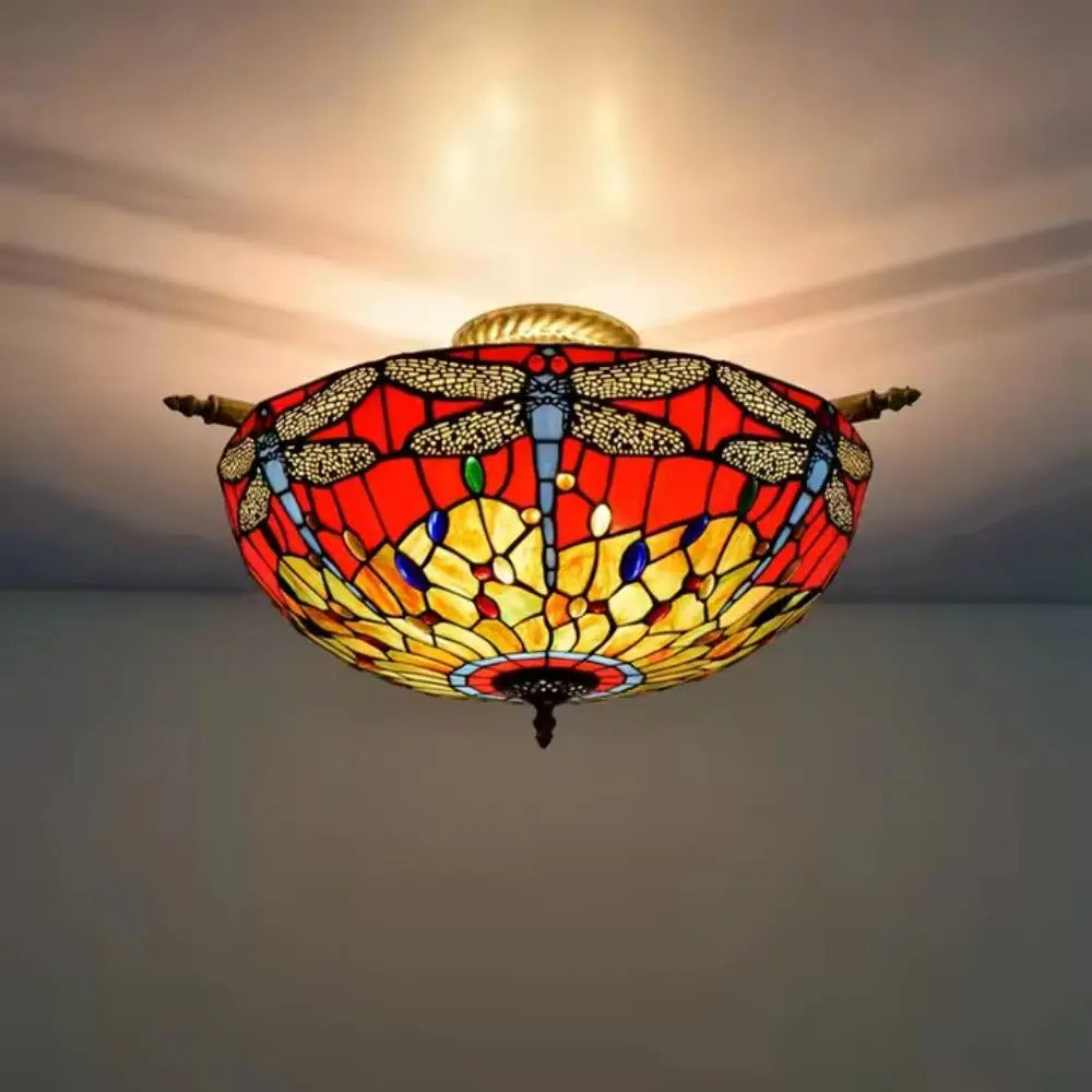 Dia55cm Stained Glass Dragonfly Lampshade Large Tiffany Ceiling Light - CTL