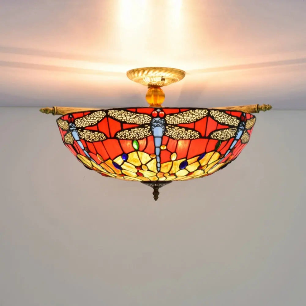 Dia55cm Stained Glass Dragonfly Lampshade Large Tiffany Ceiling Light - CTL