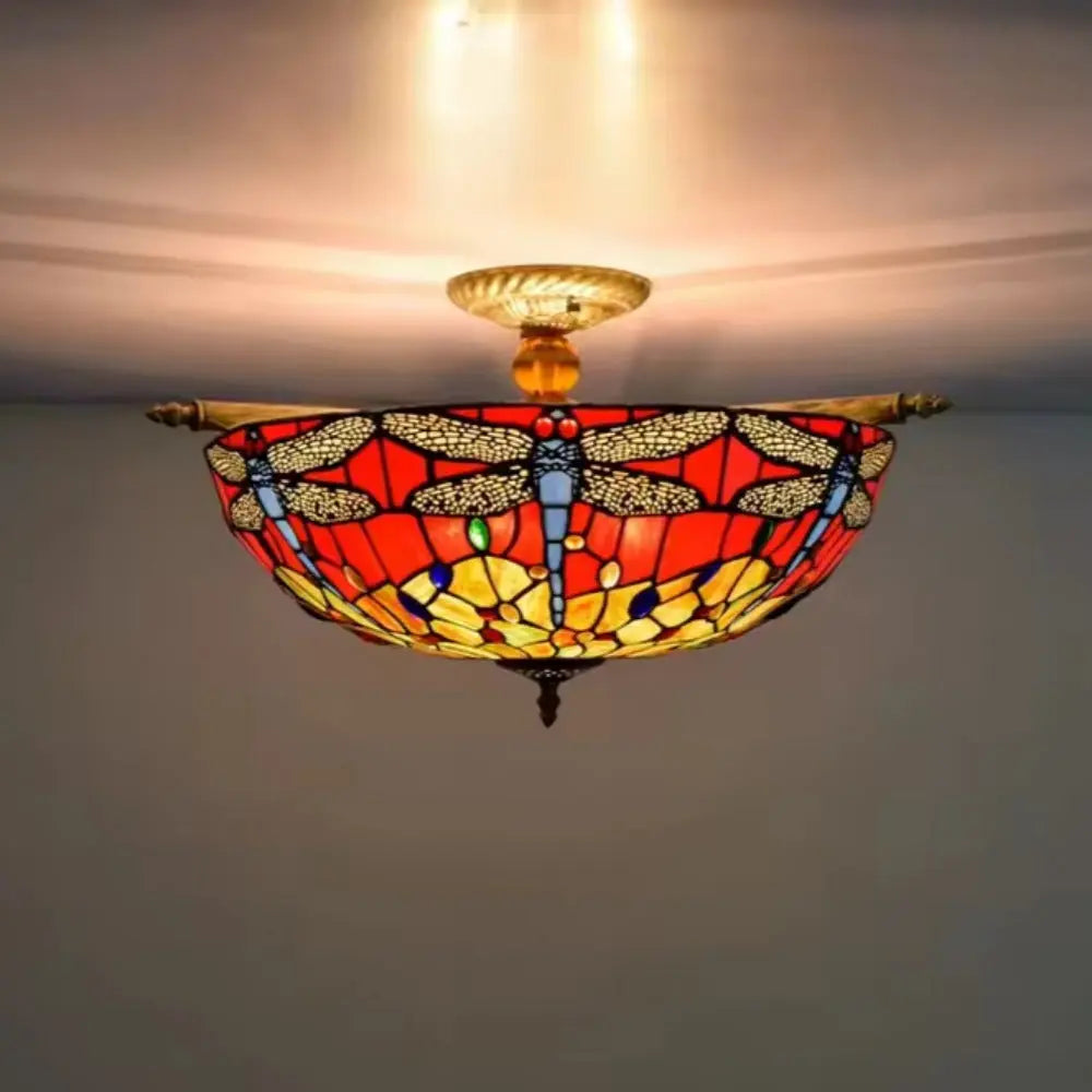 Dia55cm Stained Glass Dragonfly Lampshade Large Tiffany Ceiling Light - CTL