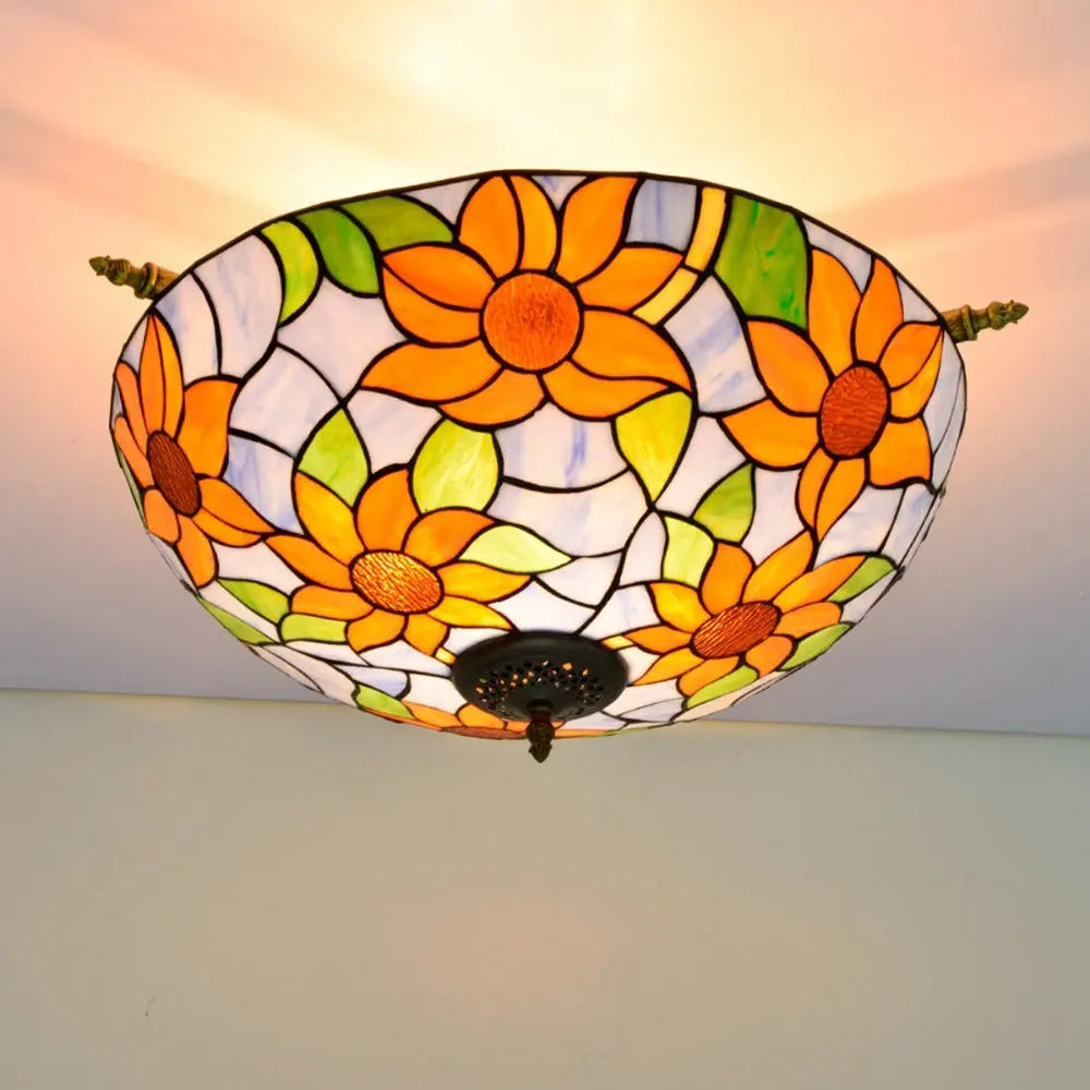 Dia55cm Stained Glass Colorful Sunflower Floral Lampshade Large Tiffany Style Ceiling Light - CTL
