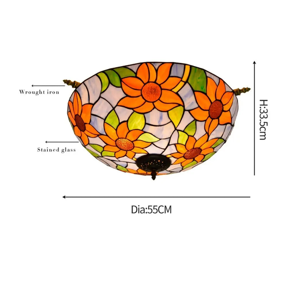 Dia55cm Stained Glass Colorful Sunflower Floral Lampshade Large Tiffany Style Ceiling Light - CTL