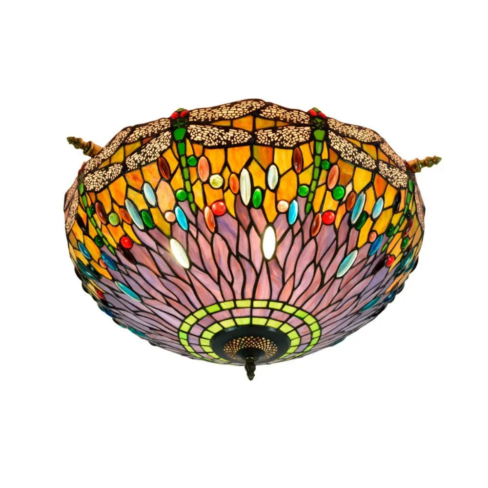 Dia55cm Stained Glass Dragonfly Lampshade Tiffany Style Flush Mount Ceiling Light - CTL