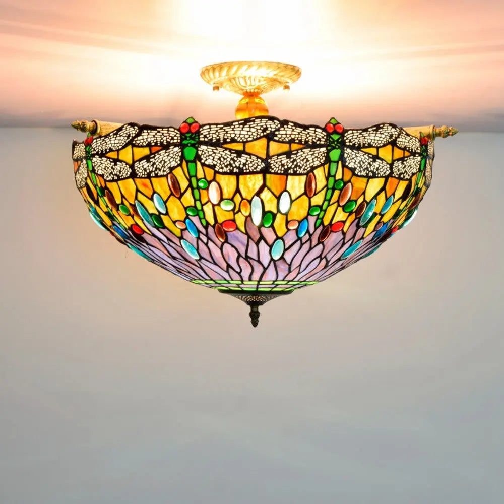 Dia55cm Stained Glass Dragonfly Lampshade Tiffany Style Flush Mount Ceiling Light - CTL