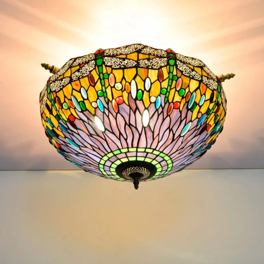 Dia55cm Stained Glass Dragonfly Lampshade Tiffany Style Flush Mount Ceiling Light - CTL