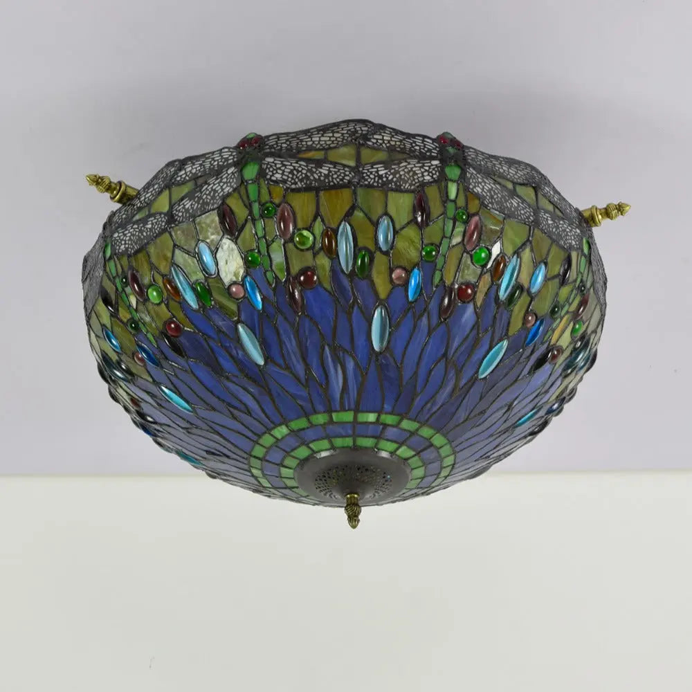 Dia55cm Stained Glass Dragonfly Lampshade Tiffany Style Flush Mount Ceiling Light - CTL