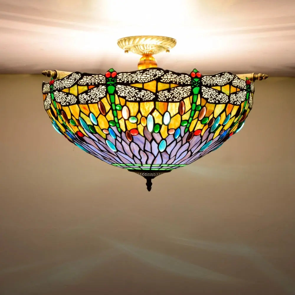 Dia55cm Stained Glass Dragonfly Lampshade Tiffany Style Flush Mount Ceiling Light - CTL