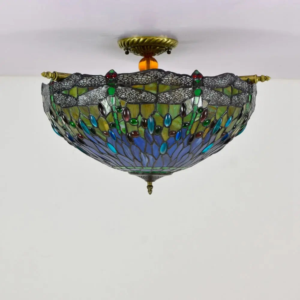 Dia55cm Stained Glass Dragonfly Lampshade Tiffany Style Flush Mount Ceiling Light - CTL