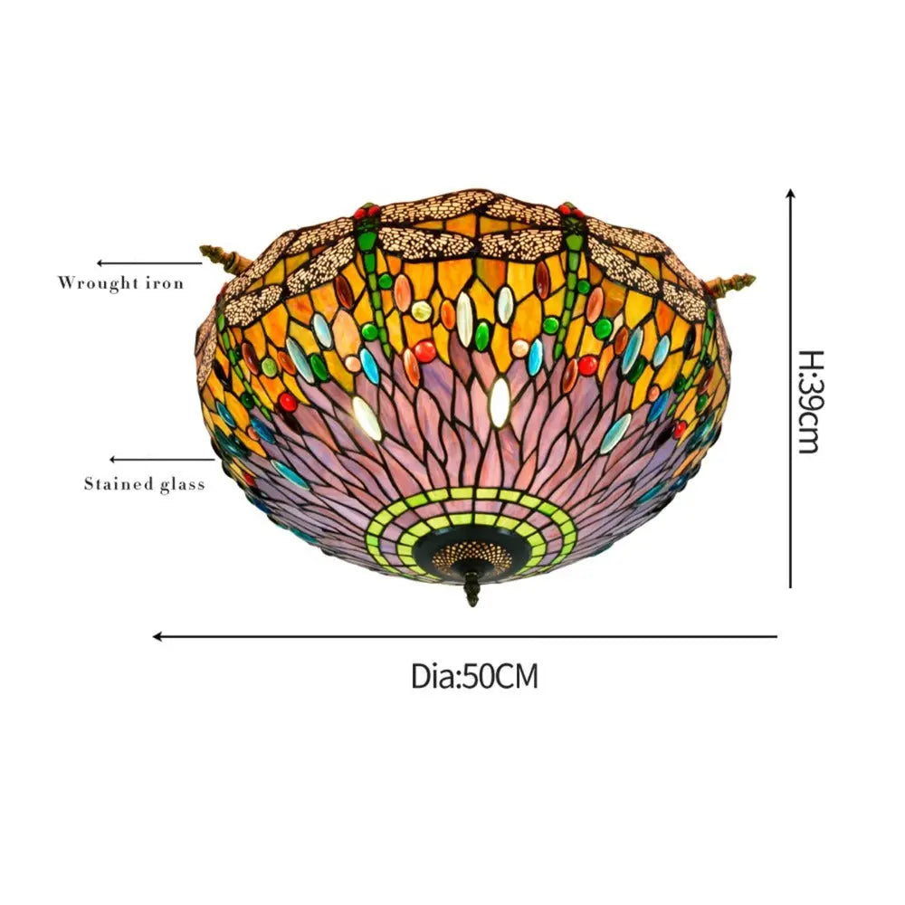 Dia55cm Stained Glass Dragonfly Lampshade Tiffany Style Flush Mount Ceiling Light - CTL