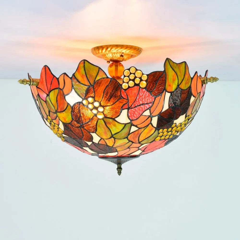 Dia55cm Stained Glass Grape Floral Lampshade Large Tiffany Style Ceiling Lamp - CTL